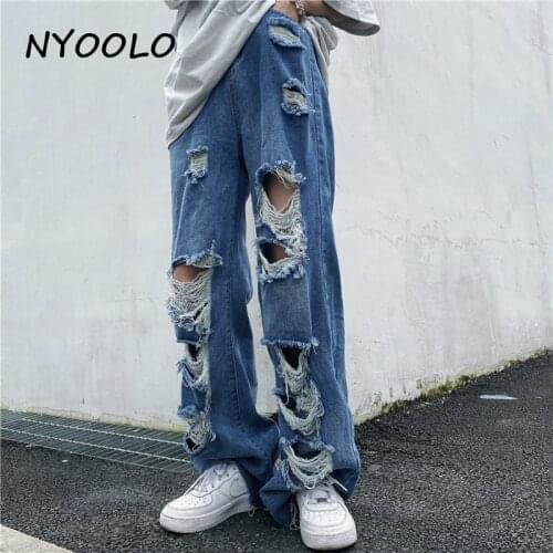 NYOOLO Casual Streetwear Bleached Ripped Holes High Waist Hollow Out Washed Baggy Jeans Women Men Vintage Boyfriend Denim Pants