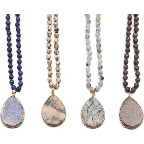 Natural Semi Precious Stone Necklace Classic style Bead chain 6mm 90cm Drop shaped pendant 30 * 45mm For Woman