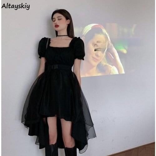 Dress Women Sashes Mesh Vintage Solid French Slim Square Collar Trendy Design Party Dance Ulzzang Harajuku Mujer Summer Princess