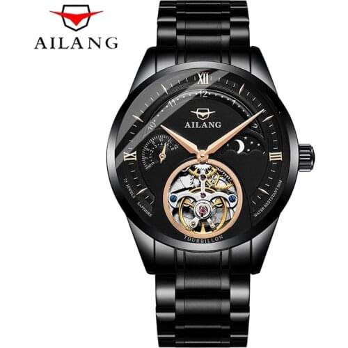 Luxury Men Mechanical Business Watch Automatic Black Dial Tourbillon Calendar Montre Homme Sports Waterproof Trend Brand AILANG