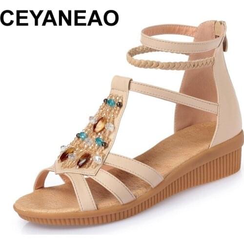 CEYANEAO2020 summer women sandals fashion bohemia open toe real leather flat shoes sandals Rome style women big size 41 42