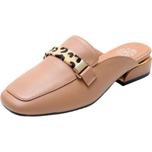 Grain Leather Fluffy Muller Lazy Sandals Shoes Fashion Square Toe Women Slippers Size 35-43