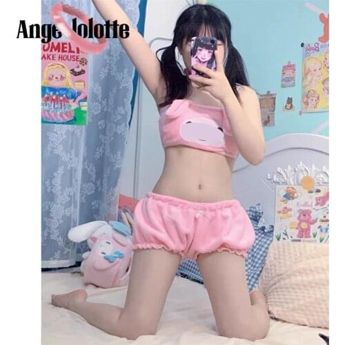 Sexy Lingerie Cosplay Long Ear Doggy Bra And Bloomers Pink White Kwaii Velvet Tube Top Panties Outfit Cute Anime Underwear Set