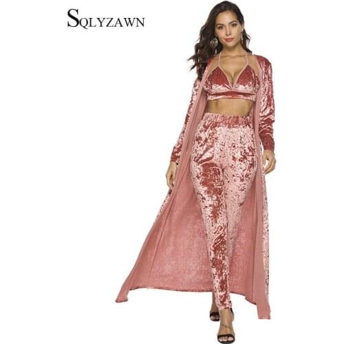 Sexy Velvet 3 Piece Set Vintage Velour Long Cardigan + V Neck Halter Crop Top + Jogger Pants Fall Elegant Matching Pink Outfits
