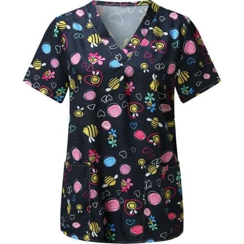 Nurse Uniform Women Print Short Sleeve V-neck Tops Animal print Working Uniform Blouse Nursing Accessories Carer black Tunic