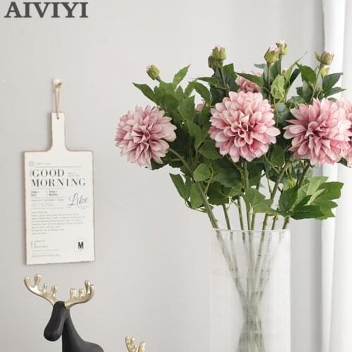 High quality Artificial silk flower dahlia artificial flower fake leaf wedding flower bridal bouquet decora