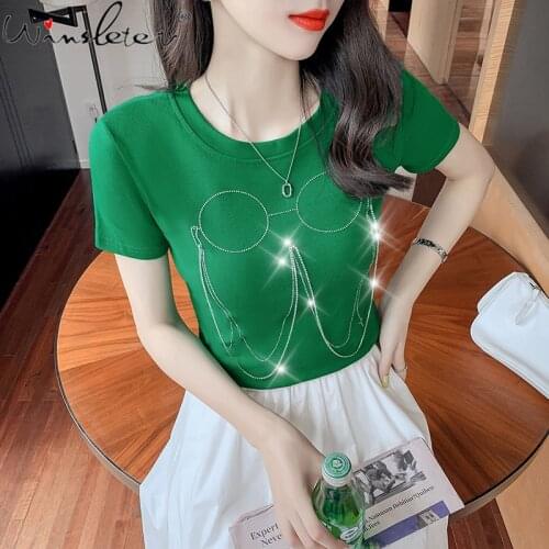 Summer 2021 T-shirt Women Glasses Diamonds Tassel Beading Cotton O-neck Short Sleeve Preppy Style Casual Tops Tees T17518A