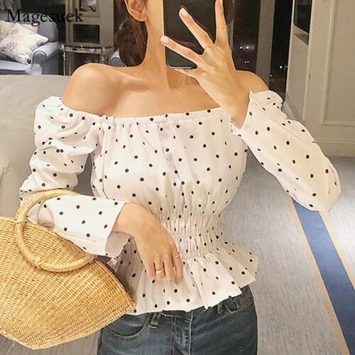 Korean Style White Blouse Women 2021 Polka Dot Vintage Casual Shirt Tops Female Slash Neck Elastic Waist Womens Blouses 13322
