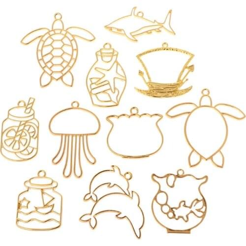11 Pcs/Set DIY Epoxy Resin Crafts UV Resin Metal Frame Jewelry Making Necklace Pendant Creative Turtle Dolphin Animals Shape Cha