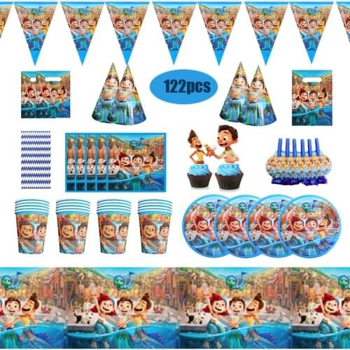 122pcs Disney Pixar Luca Party Supplies Birthday Disposable Tableware Set Happy Birthday Decor For Kids Gift Bag Cup Napkins