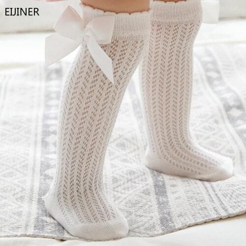 2021 Hollow Knee High Girl Socks Long Soft Cotton Lace Baby Socks Kids Princess New Toddlers Girls Big Bow Children Summer Sock