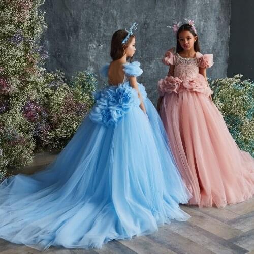 2021 Blue Flower Girl Dresses Lace Beading Ruffles Vestidos Little Girls Pageant Gowns Birthday Party Kids Christmas Dress
