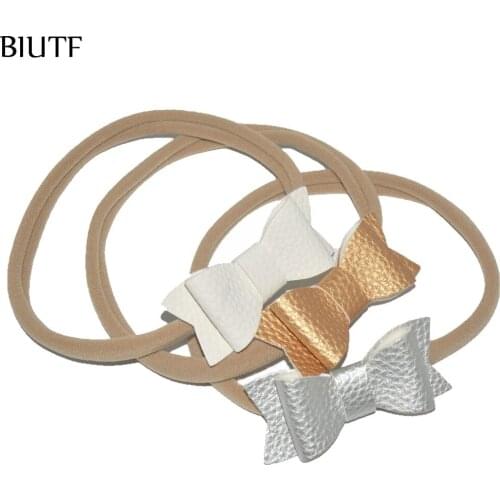 3pcs/lot New PU Leather Texture Faux Leather Bow Headbands Nylon Elastic Hairbands for Toddlers Girl FD241