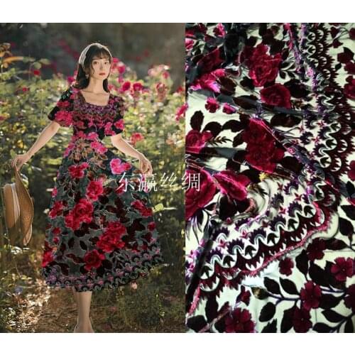 American Style Red Purple Flower Flocking Fabrics Silk Velvet Fabric For Dresses Cheap Tissu Telas Sewing Tecidos Free Shipping