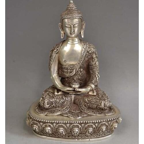 Elaborado plata China tibetana Buddha Shakyamuni y estatua del Tazón