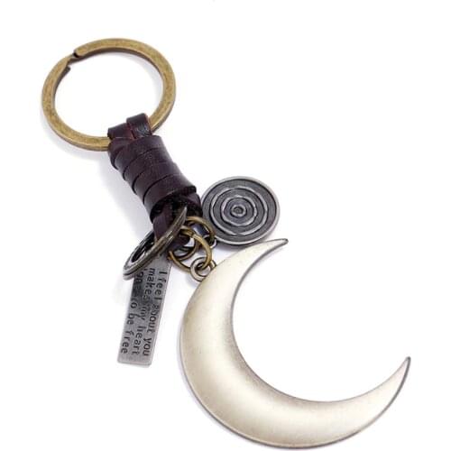 Keychain Fashion Vintage Bronze Moon Alloy Pendant Bag Holder Handmade Leather Keyring Car Key Chain Unisex Accessories Jewelry