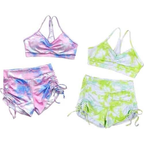 Women Sexy 2 Piece Bikini Set Push Up Padded Bra Tie-Dye Print Swimsuit Ruched Drawstring Shorts Beachwear Yoga Sports