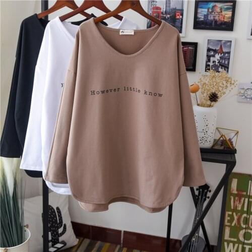 Winter Womens Long Sleeve V Neck Cotton T Shirt Hip Hop Thick Oversized Tees Letter Print Warm Pullover Top