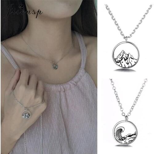 Jisensp Gothic Vintage Mountain and Sea Pendant Necklace Fashion Jewelry for Women Girls Romantic Couple Necklace Wedding Gift