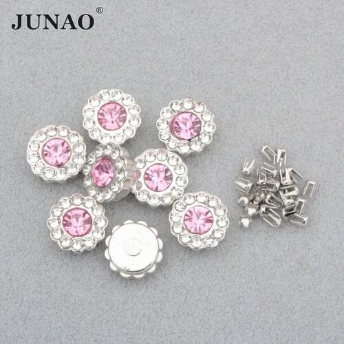 JUNAO 10mm 100Pcs Pink Color Glass Flower Rhinestones Flatback Silver Claw Crystal Stones Applique For Pearl Machine