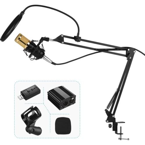 Condenser Microphone Kit with Shock Proof Holder Adjustable Metal Arm Stand Foam Cap 48V Phantom Power Pop Filter Soundcard