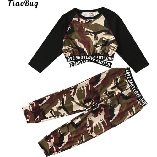 2Pcs Kids Girls Camouflage Suit Round Neck Long Sleeve Letters Printed Sash Cross Waist Crop Top High Waist Pants Trousers Set