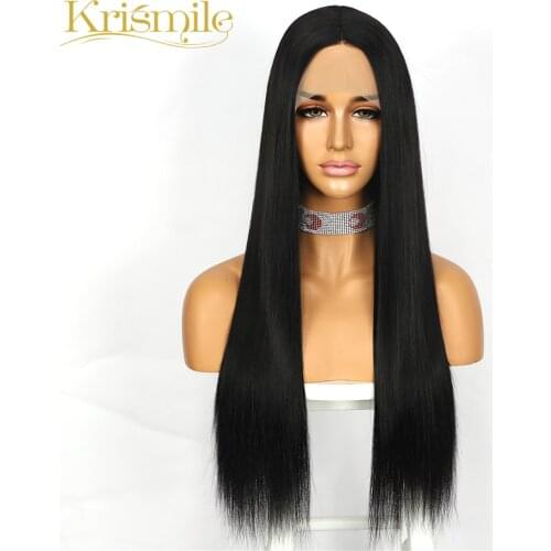 Krismile Long Straight Black Synthetic Lace Wig T Middle Parting Wig Daily Wear for Women Cosplay Party Heat Resistant Make Up