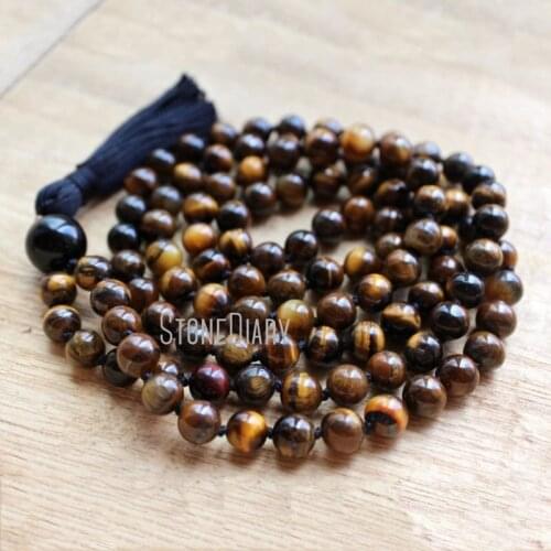 MN36781 Tiger Eye Mala Beads 108 Mala Necklace Brown Mala Meditation Beads Yoga Jewelry Tassel Necklace
