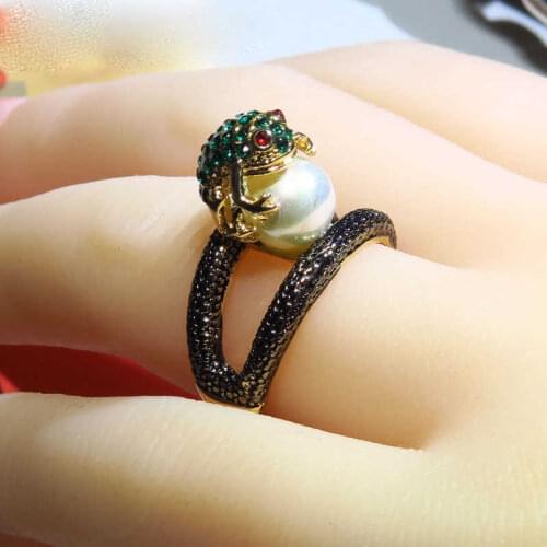 Fashion frog Toad pearl playing ring gold color separation wedding ring jewelry size 6-10