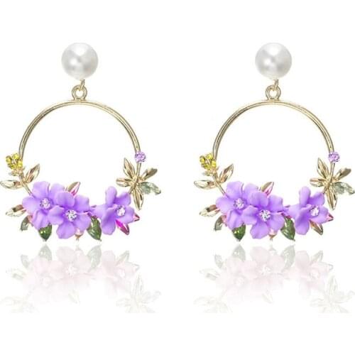 Trendy Cute Pink Flower Dangle Earrings For Women Girls Jewelry Female Rhinestone Round Circle Earrings Gift Brincos Jewelry