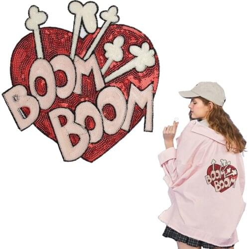 Sweet BOOM BOOM Red Heart Patch Sew on Large Sequin Patch for Clothing Applique Stripe on Clothes Happy Valentines Day Gift