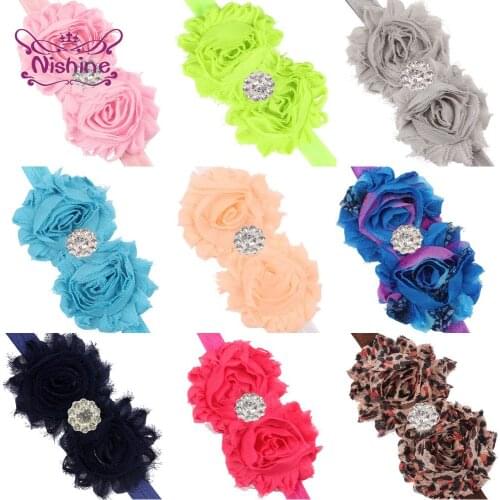 Nishine Shining Rhinestone Floral Infant Elastic Hairband Cute Handmade Chiffon Flower Baby Headband Sweet Kids Hair Accessories