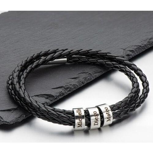 Personalized Mens Braided Genuine Leather Bracelet Stainless Steel Custom Name Beads Bangle For Men With Family Jewelry Gift