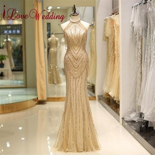Luxurious Halter Beaded Gold Evening Gown Custom made Sleeveless Mermaid Floor Length Sexy Evening Dresses Long Real Photo