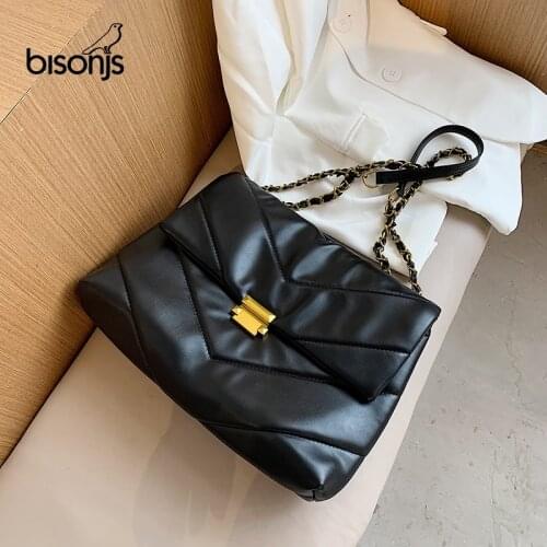 BISONJS Vintage Chain Women Crossbody Bag Designer Lingge Shoulder Bags Luxury Pu Messenger Bag Casual Large Capacity Tote Purse