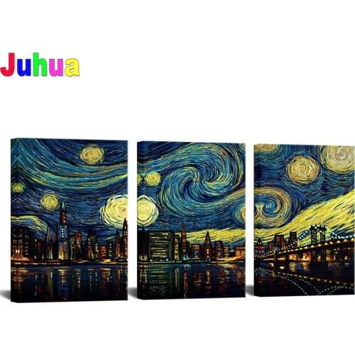Triptych New York City Diamond Painting Starry Night Over Brooklyn Bridge Manhattan Diamond Embroidery 3 Piece Modern Decor