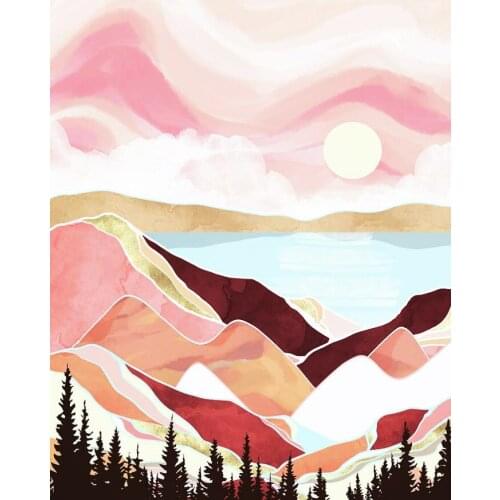 Home Decoration Pink Mountain River Moon Abstract Canvas Painting Landscape Wall Art Bedroom Picture Printing Girl Room Posters