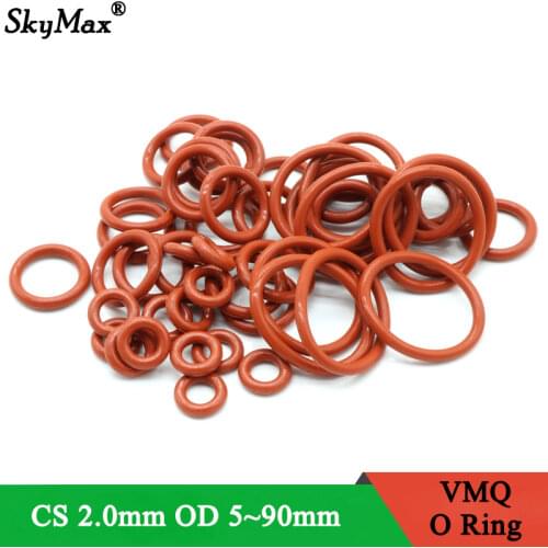 10pcs VMQ O Ring Seal Gasket Thickness CS 2mm OD 8 ~ 65mm Silicone Rubber Insulated Waterproof Washer Round Shape Nontoxi Red