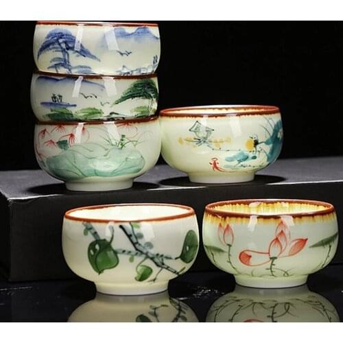 Vintage Ceramic Tea cup Hand-painted Lotus leaf Tea Bowl Pu'er Master Teacup Travel Portable Personal Single Cup
