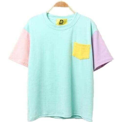 XUANHAO WomenS Punk Harajuku Ulzzang School Candy Color Patch Loose Pocket T Shirt Female Korean Kawaii Cute Tee And Top M-2XL