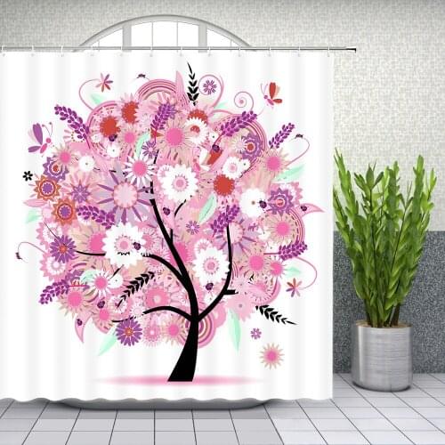 Cartoon Tree Shower Curtains Spring Plant Flower Butterfly Bathroom Decor Waterproof Mildew Proof Cloth Curtain Set With Hooks