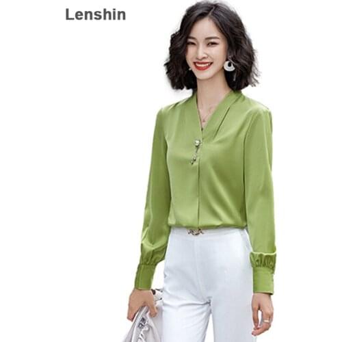 Lenshin Women Soft Shirt female Full Sleeve V-neck Collar Simple White Blouse Tops lady Autumn Wear Clothes