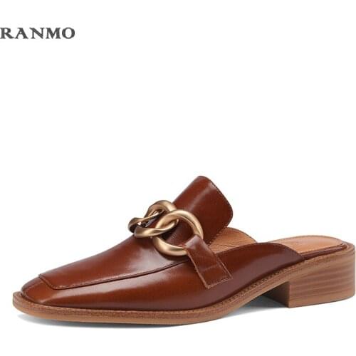 Women Leather Slippers Low-heeled Shoes Square Toe Women Sandals Mule Shoes Casual Spring Outdoor Shoes Daily Commuter Sandals