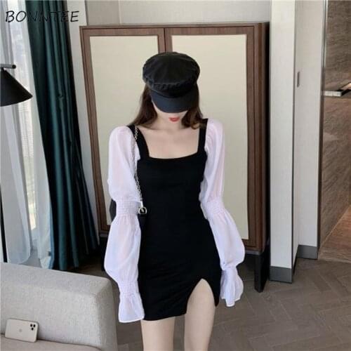 Long Sleeve Dresses Women Patchwork Puff Sleeve Sexy Ladies Vestidos Korean Style All-match Simple Part Daily Vocation Vintage