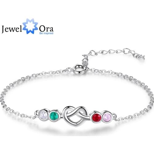 JewelOra Personalized Heart Knot Bracelet with 2-4 Birthstones Custom Adjustable Chain Charm Bracelets for Women Birthday Gifts