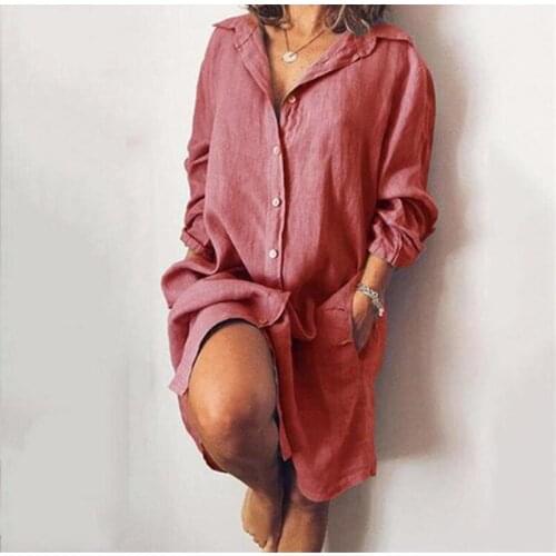 Summer Vintage Dress 2021 Fashion Long Sleeve Turn-down Collar Solid Casual Dresses Elegant Button Loose For Women Robe Femme
