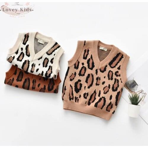 2020 Baby Boy Girls Leopard Sweaters Winter Warm Knitted V Neck Sleeveless Wool Pullover Cute Vest Fall Clothes 3-6Year