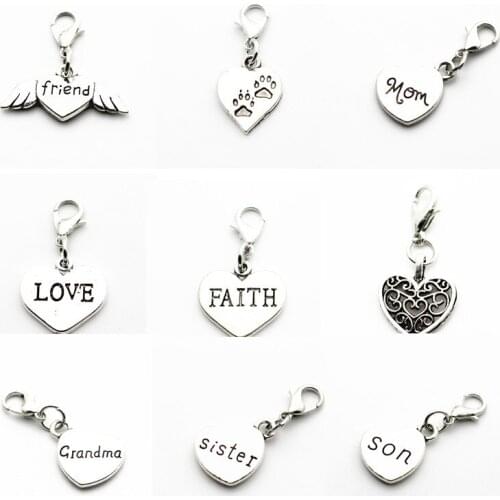 Hot selling 12pcs/lot Silver Alloy heart son Falth Dangle Charms Lobster Clasp Hanging Charm fit Bracelet&Pendant Necklace
