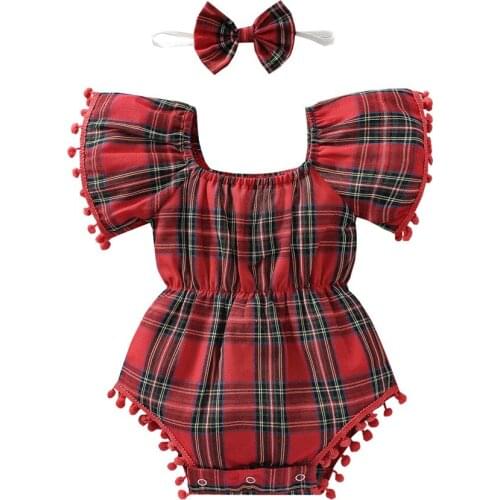 2021 0-24M Infant Baby Girl Romper Cute Plaid Print Ruffle Short Sleeve Tassels Tunic Playsuit+Headband Summer 2pcs