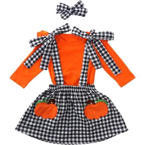 2020 Baby Girl Halloween 3 PCS Clothing Set Orange Top + Plaid Suspender Skirt + Headband 1-5Y Kids Child Festival Outfits